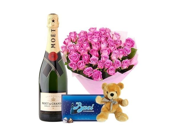 40 Pink Roses with Moet, Baci & Teddy