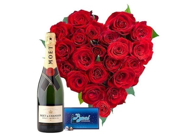 Heart of Roses with Moet & Baci Chocolates
